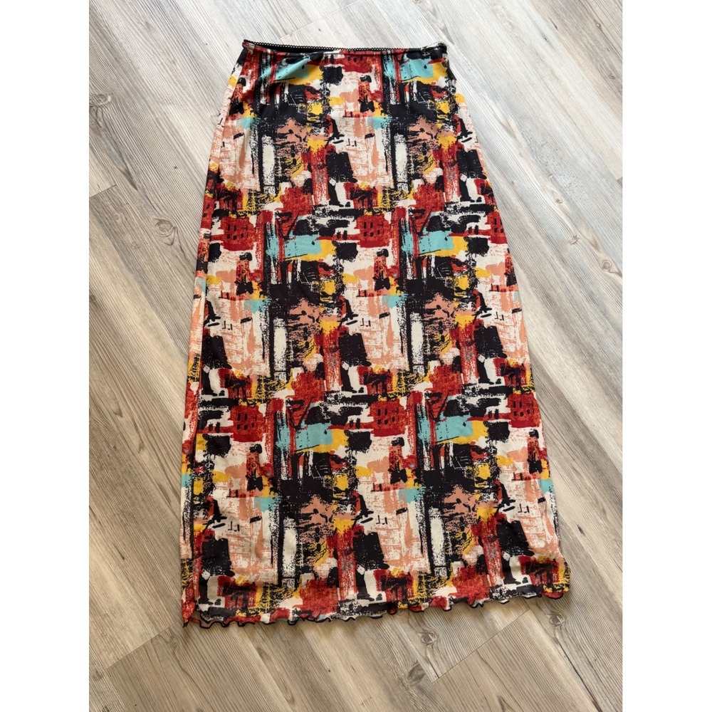 I BELIEVE Abstract Print Mesh Maxi Skirt Multicolor Artsy Y2K Lettuce Hem Size M